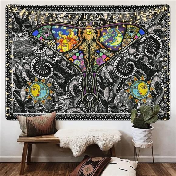 Psychedelic Moth Tapestry Sun and Moon Tapestry Insect Butterfly Tapestry